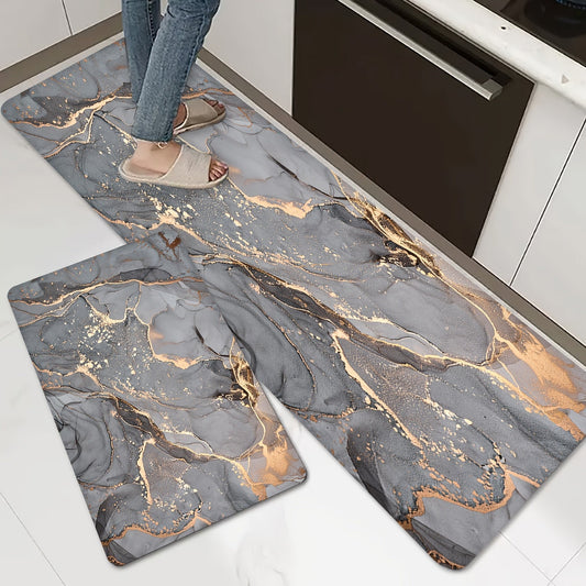 Kitchen mat with grey marble design available in three sizes: 40cm x 60cm, 50cm x 80cm, and 45cm x 120cm. This household essential serves as a non-slip, oil-proof foot mat ideal for indoor use. It can also be used as a doormat, door rug, entrance rug, or