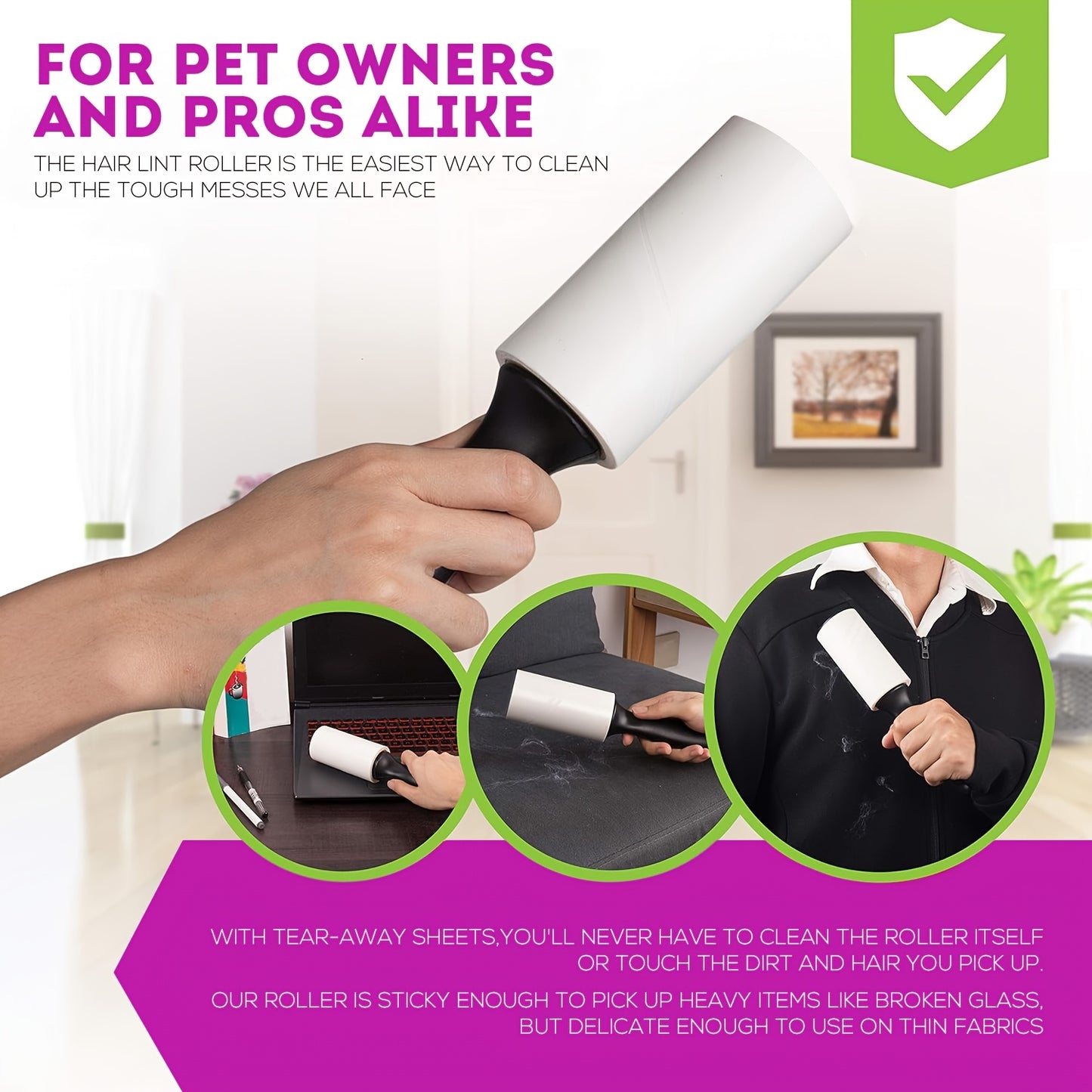 Lint roller with 600/300/100 sheets, extra sticky for pet hair removal on furniture, carpet, and clothes. Portable and tearable sticky sheets. 100 sheets per roll.