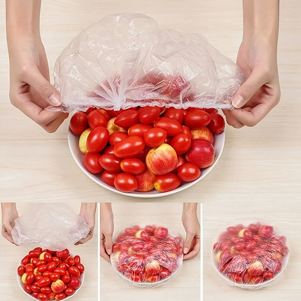 50-100 pieces of disposable fresh-keeping covers made of plastic for use in storing food. These covers are elastic and can be used to cover various storage containers in the kitchen or outdoors during picnics and camping trips.