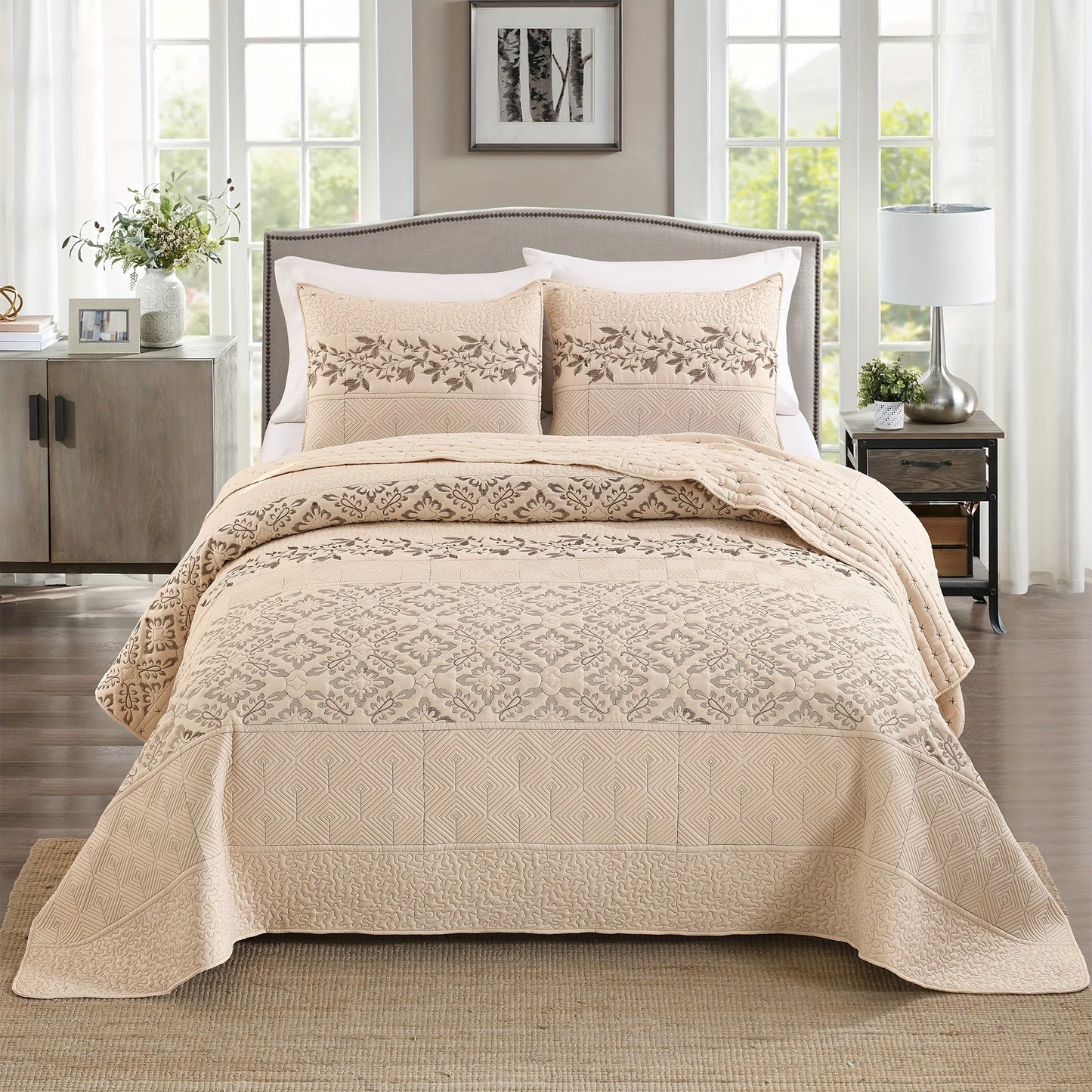 Upgrade your bedroom with the Patchwork Thread Advanced Embroidered Quilt Cover 3-piece Set. This stylish set includes a light double bed cover featuring a beautiful flower pattern, perfect for adding a touch of summer coolness to your room. The set