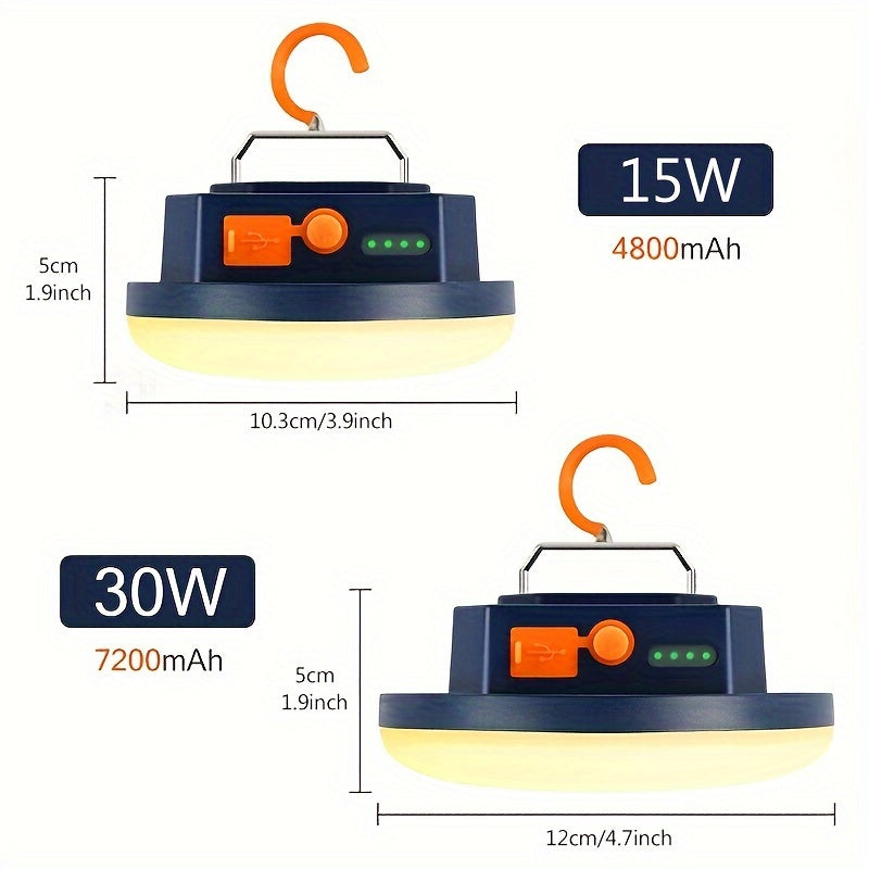 Rechargeable LED camping lantern with magnetic base, 4800mAh lithium battery, 4 lighting modes (including SOS), durable plastic construction, push button control. No accessories included.