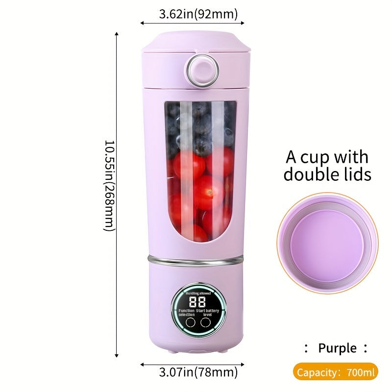 Portable juicer with digital display, compact design, and USB rechargeable battery. Suitable for making smoothies, milkshakes, and fresh fruit juice. Features easy-cleaning 12-blade system, double lid, and ice crusher. Perfect for travel and on-the-go