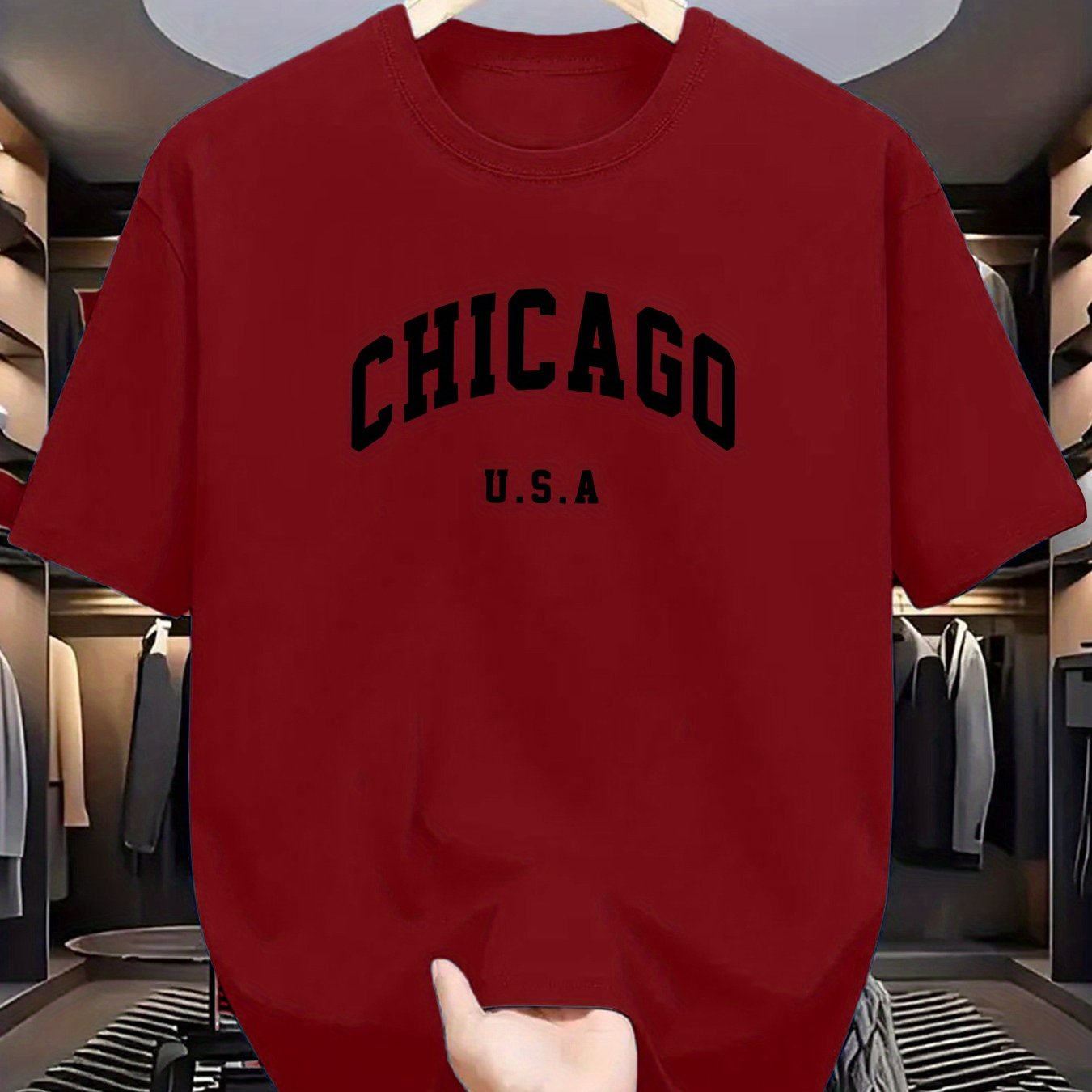 Chicago USA print men's t-shirt made of 100% polyester knit fabric. Features a casual crew neck tee with slight stretch, regular fit, and geometric pattern. Comfortable, elastic, and ideal