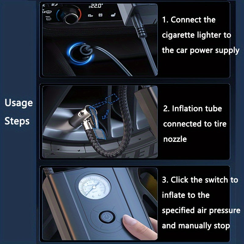 High-speed portable air compressor with digital gauge for inflating tires on cars, motorcycles, and bicycles using a 12V cord and cigarette lighter power source.