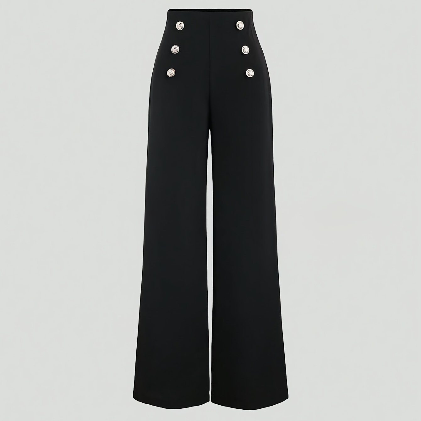 Women's wide leg pants made from 95% polyester and 5% elastane in a solid color. Features a loose fit, long length with zipper fly and button detail, suitable for casual weekend wear