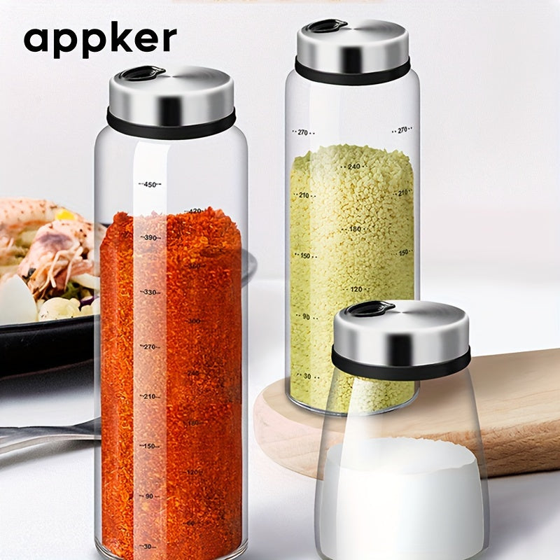 Clear glass spice jars with lids in 180ml, 300ml, and 500ml sizes, complete with spoons. Ideal for storing seasoning, salt, pepper, and other spices in the kitchen.