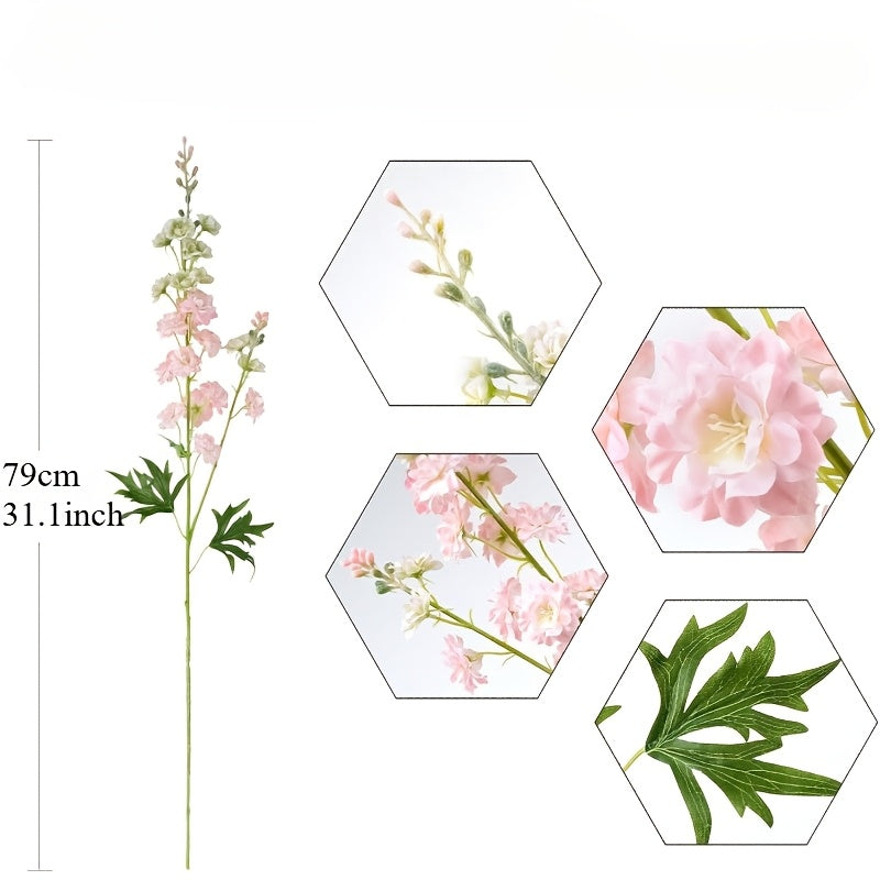 4 pink artificial Delphinium flowers for decoration with a lifelike, realistic touch. Ideal for tall vases in home, wedding or office.