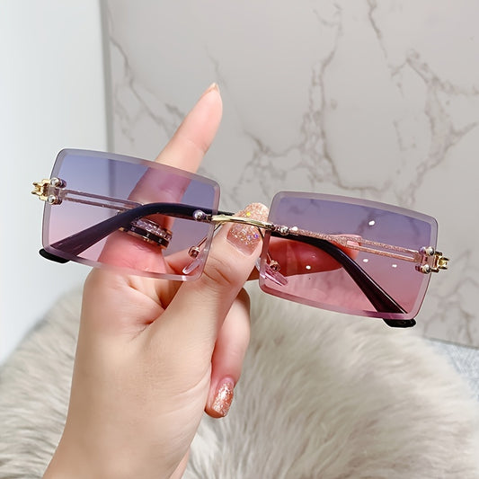 Fashionable women's rectangular metal frameless glasses with gradient color and PC lens, suitable for casual daily wear as decorative eyewear.