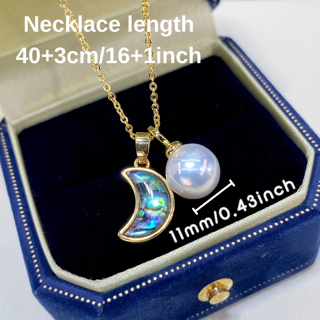 Stylish Abalone & Mother-Of-Pearl Moon Necklace Featuring Genuine Edison Pearl Pendant - Exquisite Craftsmanship, High-End Materials Perfect for Girlfriend, Mother, Friends - Great for Daily Wear & Birthday Presents.