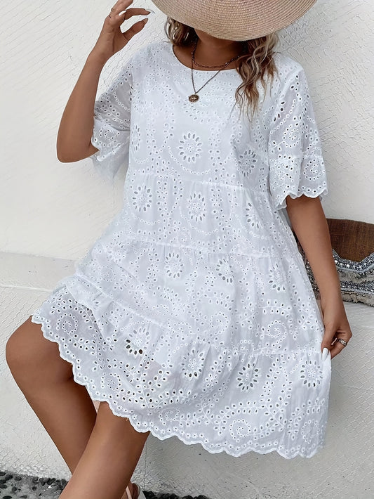 Lace-trimmed plus size dress with eyelet embroidery, round neck, short sleeves, and mesh fabric, ideal for spring and summer.