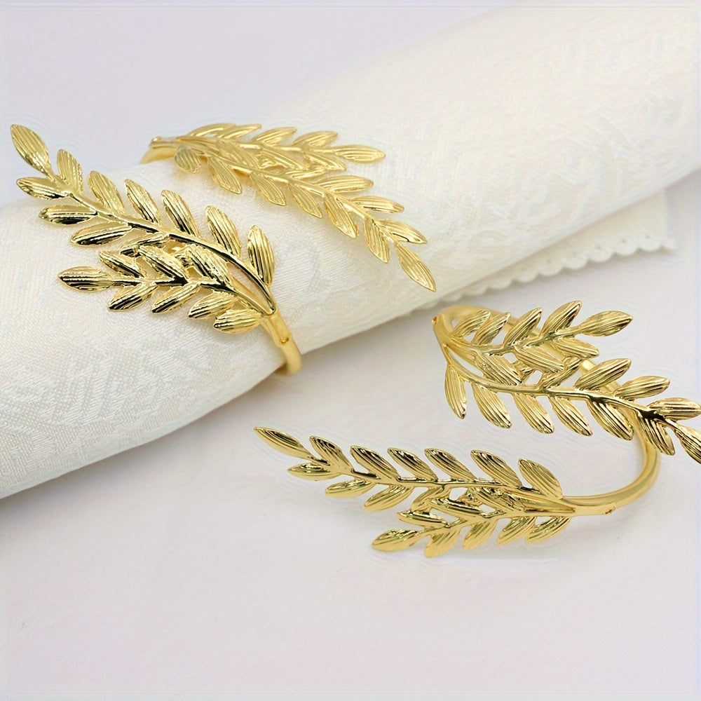 Set of 6 wheat ear design iron napkin rings, great for hotel wedding banquets. Golden plating, also available in silver.