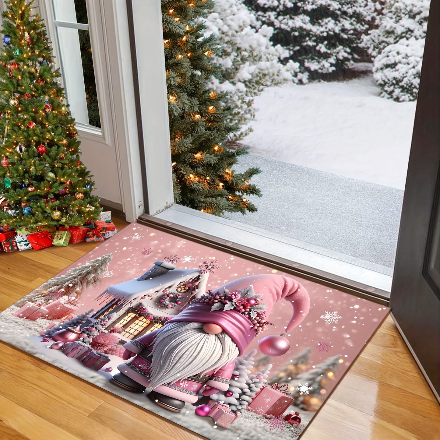 Welcome guests to your holiday home with the charming Pink Christmas Gnome Doormat! This 6mm thick mat is non-slip and machine washable, making it perfect for adding a festive touch to your decor. Ideal for holiday, gnome, and Christmas decorations.