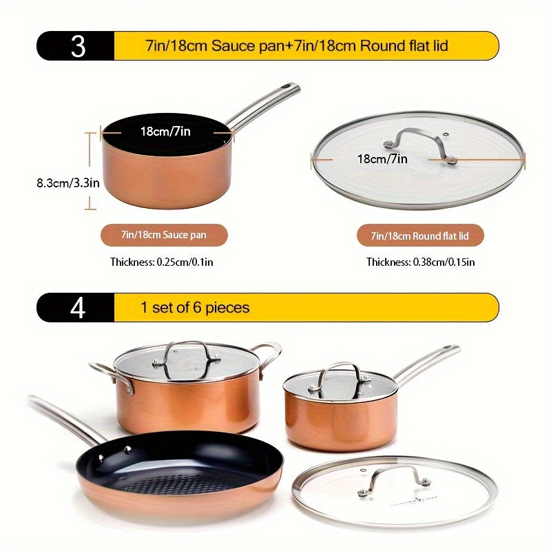 Six-piece Nonstick Frying Pan Set with Sizes 17.78cm, 24.13cm, and 30.48cm, Includes Fry Pan, Casserole Pan, and Sauce Pan with Lids. Oven and Dishwasher Safe, Suitable for All Cooktops. Essential Kitchen Supplies.