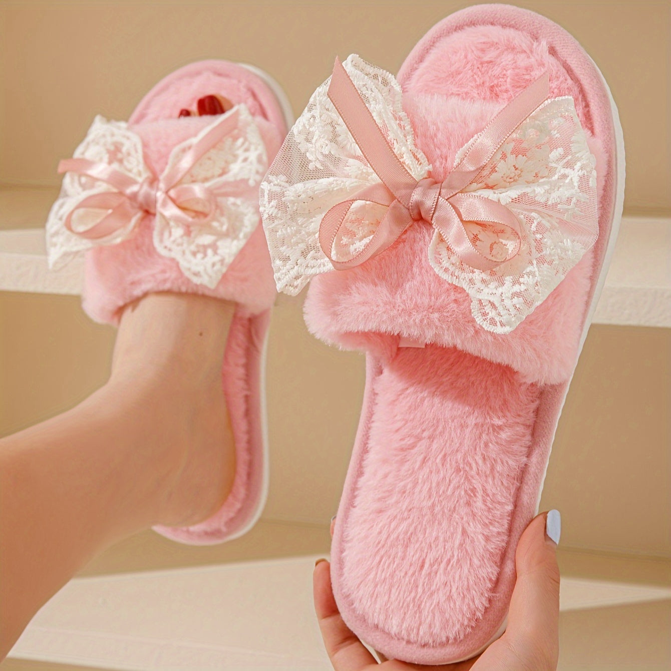 Women's Casual Bowknot Lace Slippers - Comfortable Indoor House Shoes with Soft Fabric Upper, EVA Sole, All-Season Design - Cixi Production Area