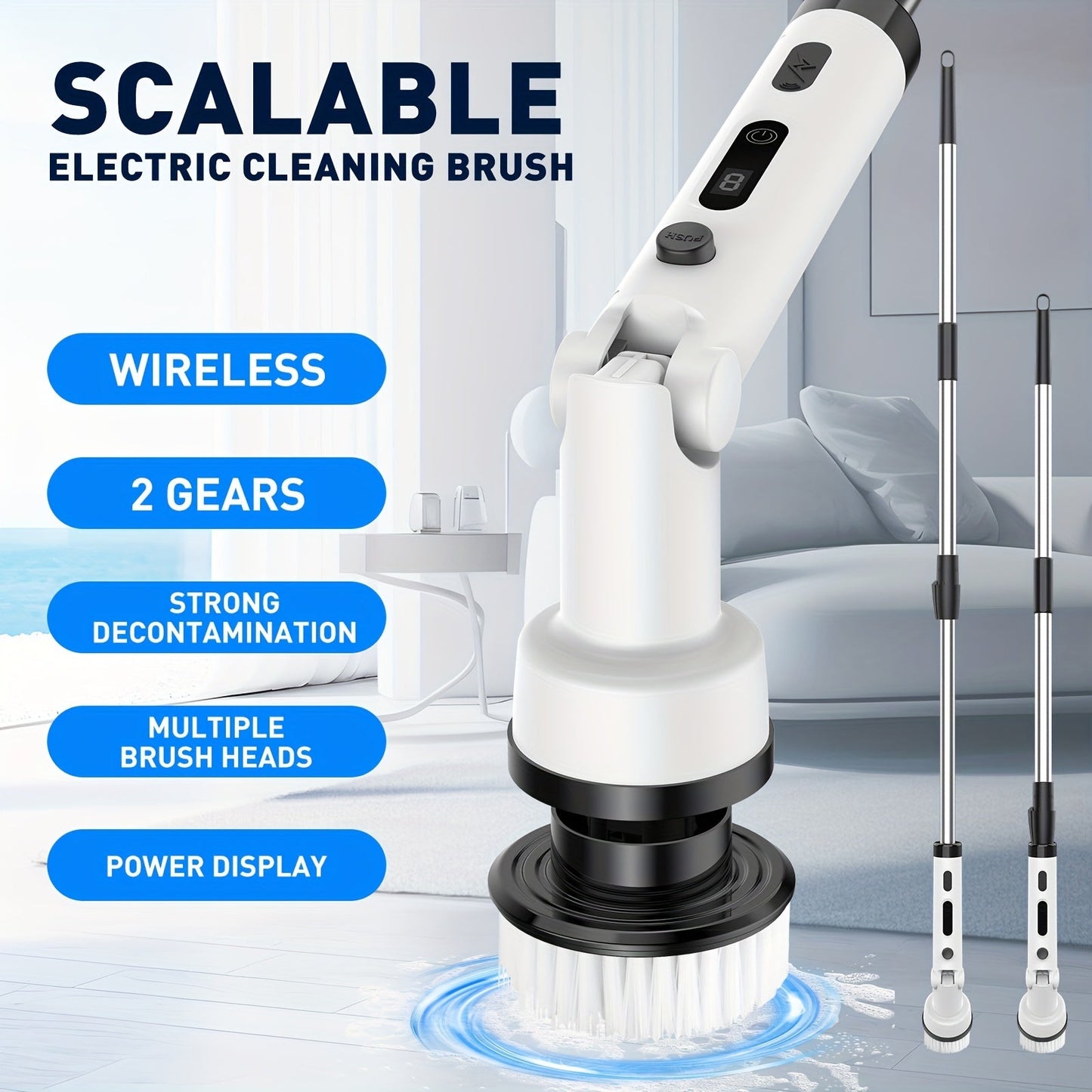 IAGREEA Electric Spin Scrubber is a versatile and convenient power cleaner with 6 brush heads, medium firmness, digital display, perfect for use in the bathroom, kitchen, living room, car, floor, and ceiling. It is extendable, cordless, and powered by a