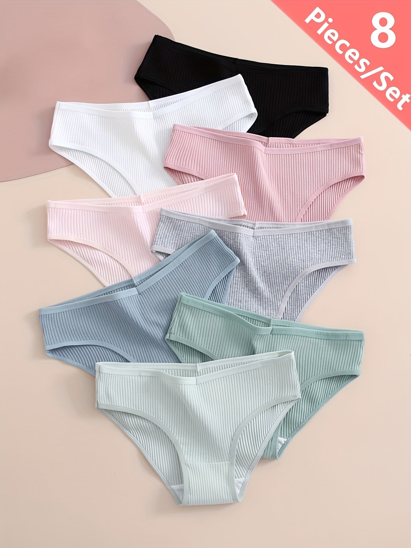 8 women's briefs with ribbed design, breathable and stretchy for comfort.