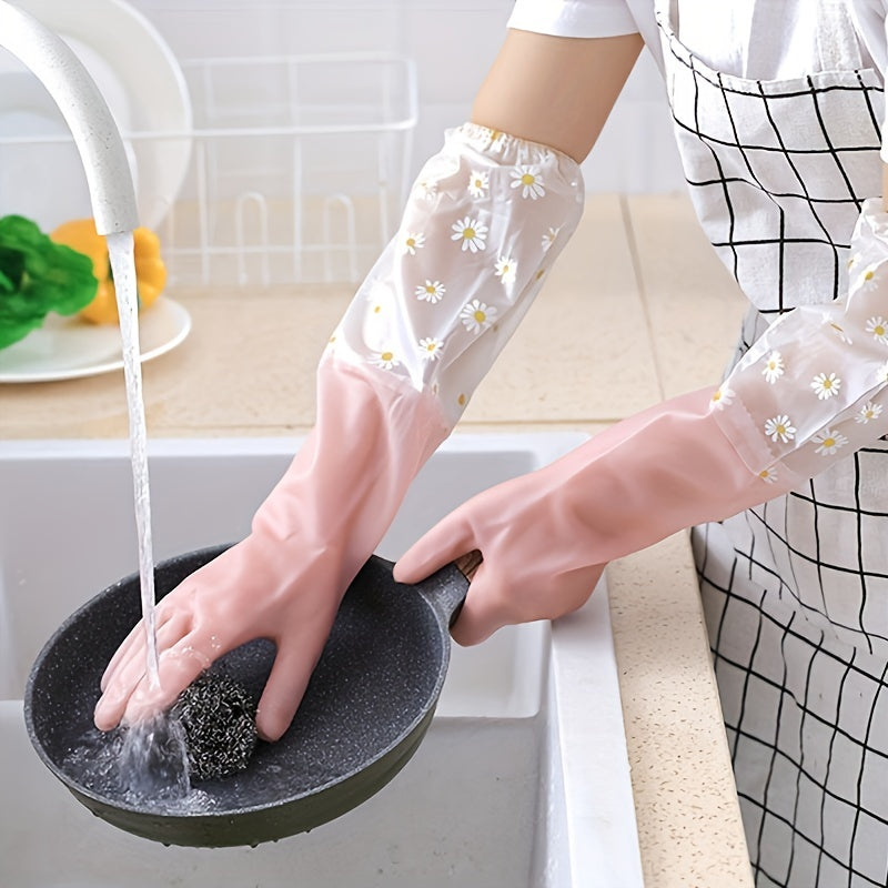 Waterproof rubber gloves with floral print, perfect for dishwashing, kitchen tasks, pet cleaning, and home use. These gloves are soft, flexible, and require no electricity. They are suitable for outdoor use, bathroom cleaning, toilet cleaning, and car