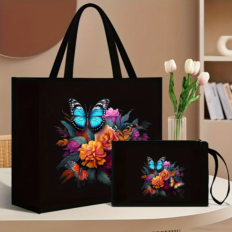 Set includes 2 floral and butterfly print tote bags with matching wallet, made of durable canvas material. Features magnetic snap closure and foldable design for shopping and travel, with