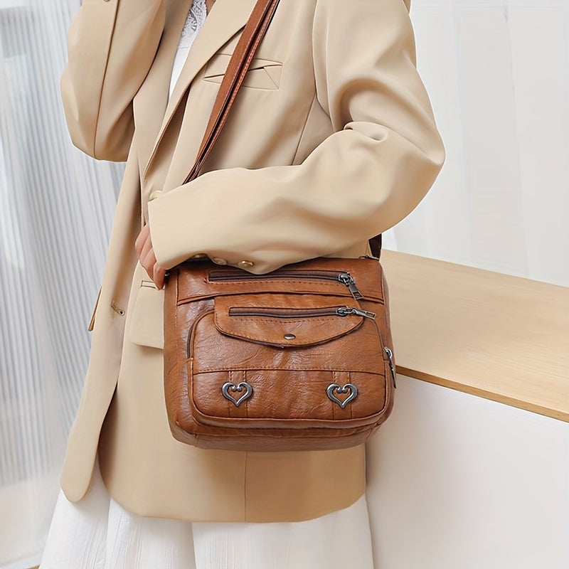 Brown Crossbody Bag with Adjustable Strap, Multiple Compartments, Heart Studs - Lightweight and Versatile