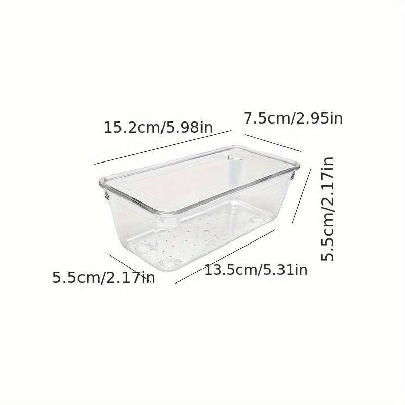 Clear plastic drawer organizers set includes 7-18 pieces in 4 sizes for versatile organization in bathroom, vanity, makeup, bedroom, kitchen, and office.