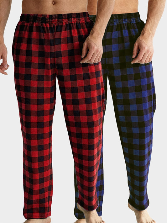 2-piece set of men's elastic waist brushed plaid sleep pants