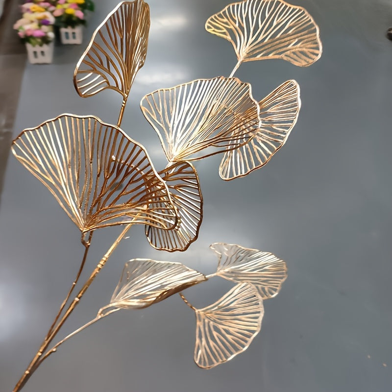 5 Glitzy Golden Ginkgo & Apricot Leaf Artificial Stems for year-round elegant home décor. Ideal for weddings, Christmas, winter, and spring decorations.