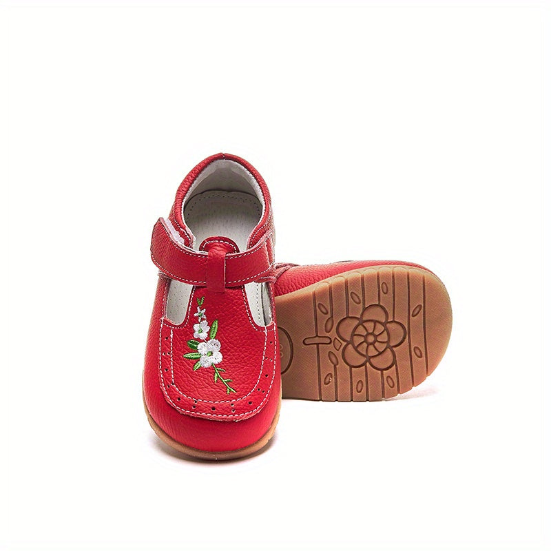 Toddler girls' flower T-strap sandals, lightweight anti-skid Mary Jane flats.