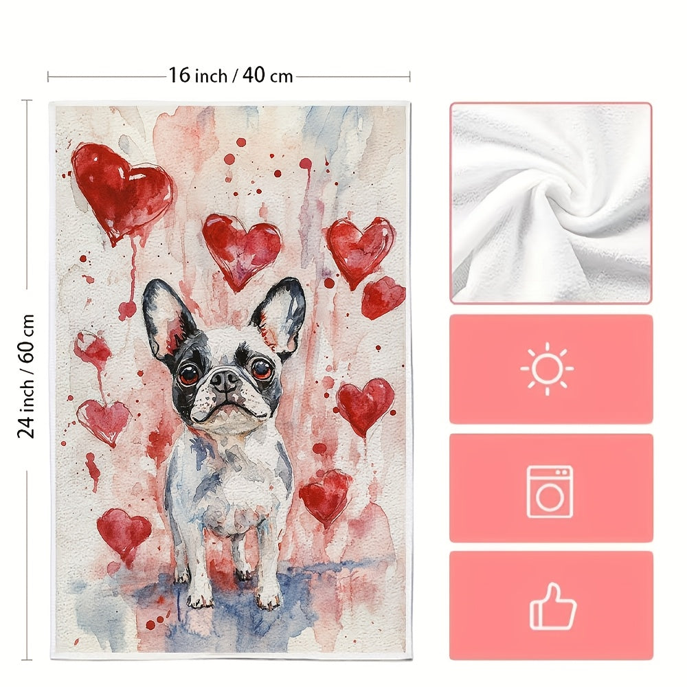 Two pieces of ultra soft kitchen towels featuring an adorable French Bulldog and heart design. These towels are highly absorbent and quick-drying, making them perfect for Valentine's Day decor. They are machine washable and measure 40.64x60.96 cm.