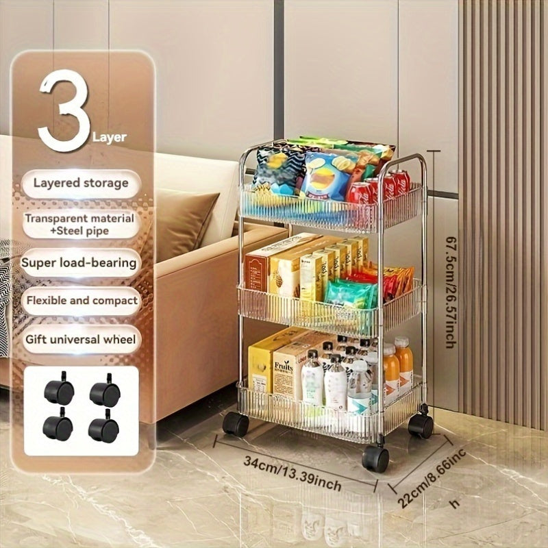 Acrylic rolling storage cart with 3/4 layers, transparent design, 360° rotating wheels, ideal for bedrooms, bathrooms, and kitchens.