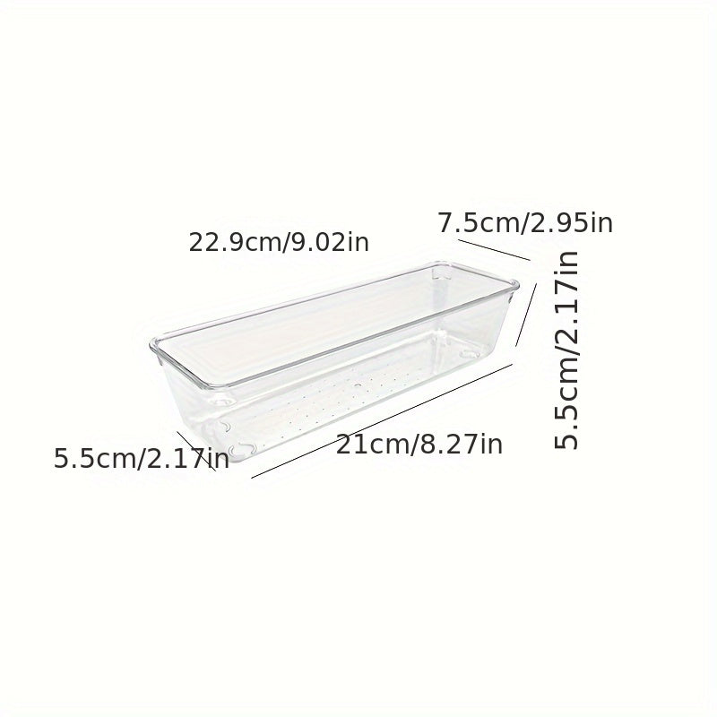 Clear plastic drawer organizers set includes 7-18 pieces in 4 sizes for versatile organization in bathroom, vanity, makeup, bedroom, kitchen, and office.