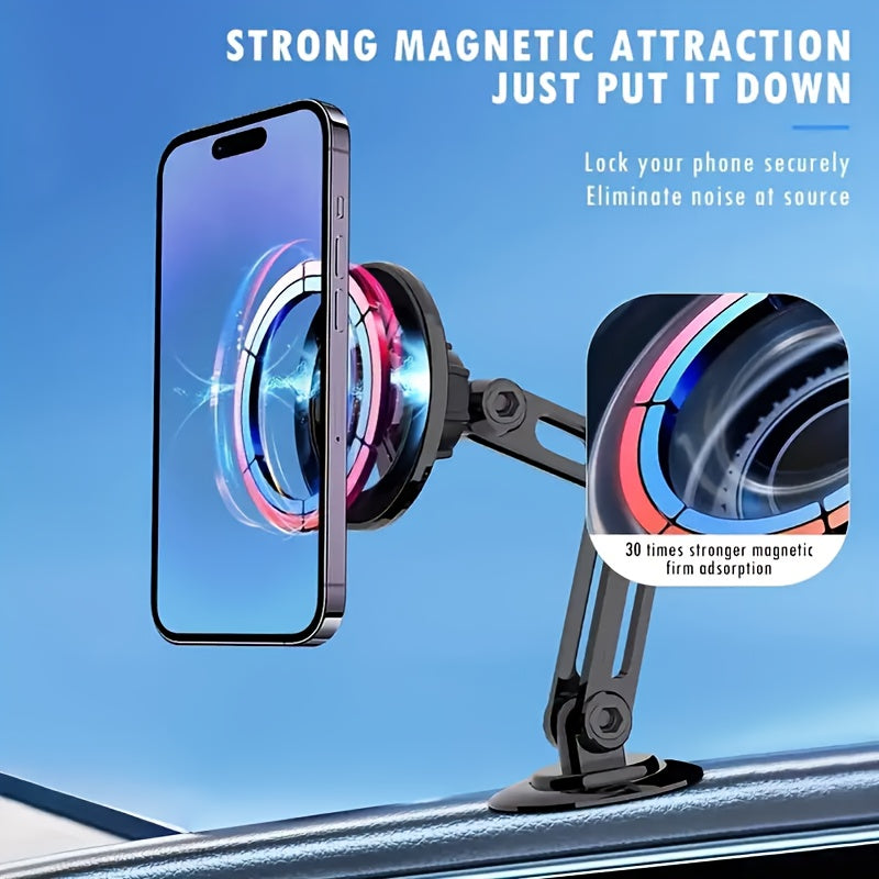 Aluminum Alloy Magnetic Car Phone Holder: Foldable, 360° Rotatable Dashboard Mount with Strong Nano Adhesive.