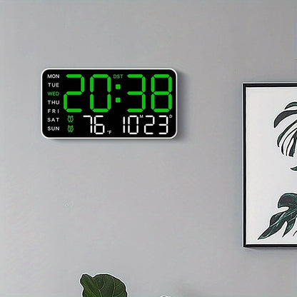 Voice controlled LED wall clock with dual alarms, USB powered, temperature display, adjustable brightness, and sleek black design for home and office.