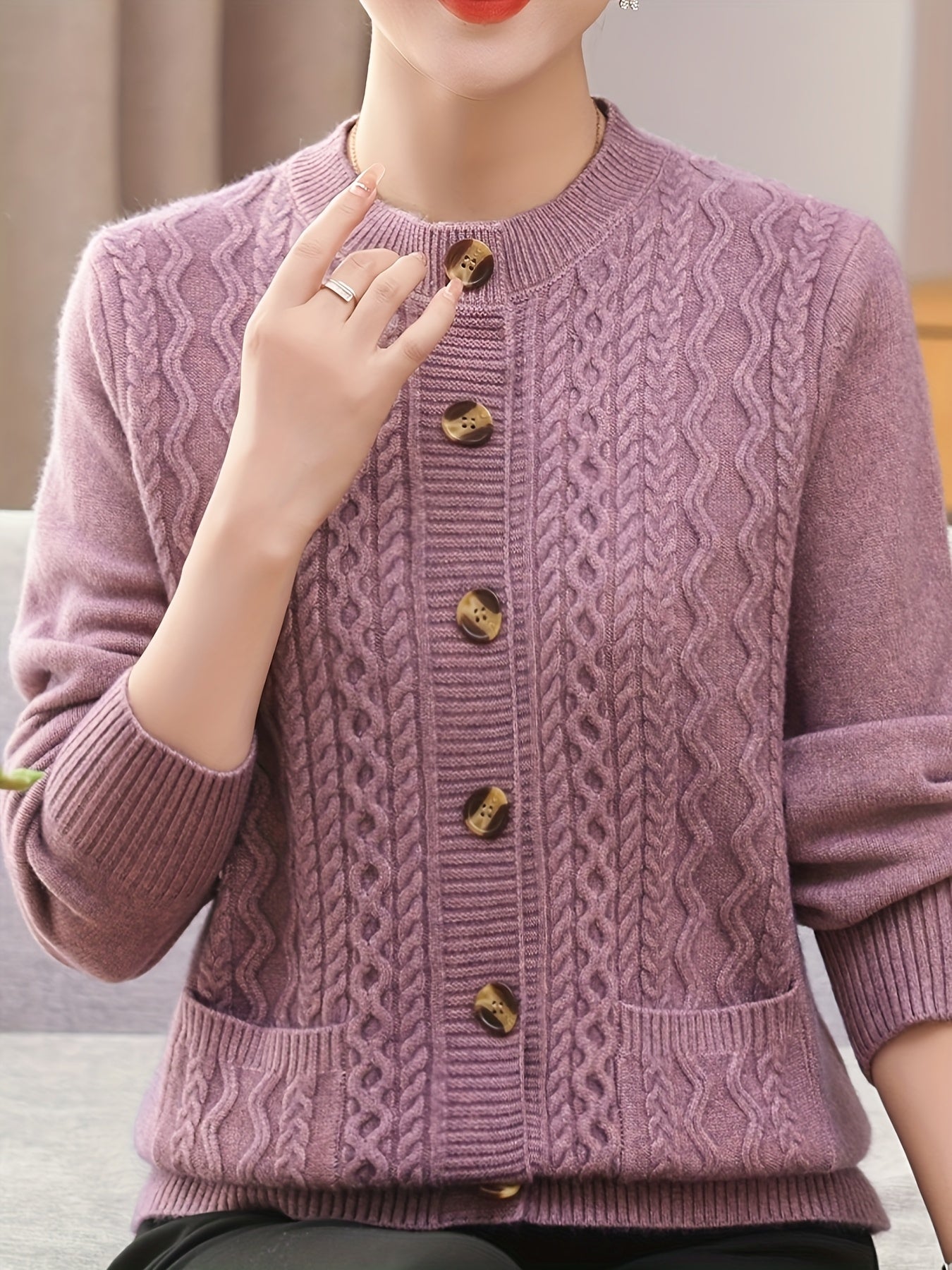 Women's cozy cable knit cardigan with button front, pocket, and long sleeves - perfect for all seasons