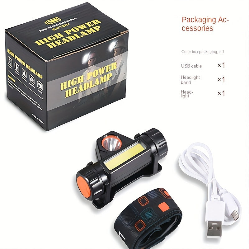 Multi-functional LED headlight with USB charging and COB light source, suitable for outdoor activities like fishing and emergency lighting.