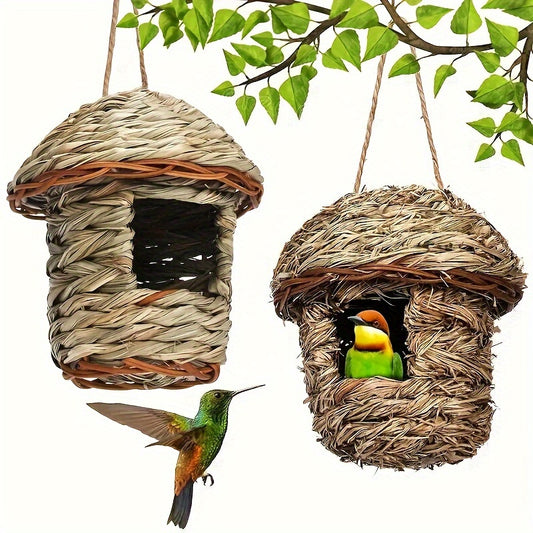 Handmade straw birdhouse for garden decor, attracts various bird species incl. toucans.