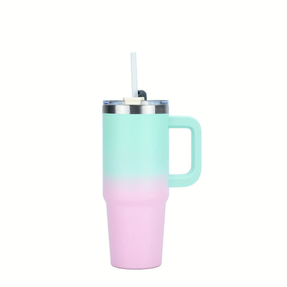 Stainless steel double-layer tumbler with handle, lid, and straw. Vacuum insulated for hot and cold beverages. Ideal for sports and outdoor activities.