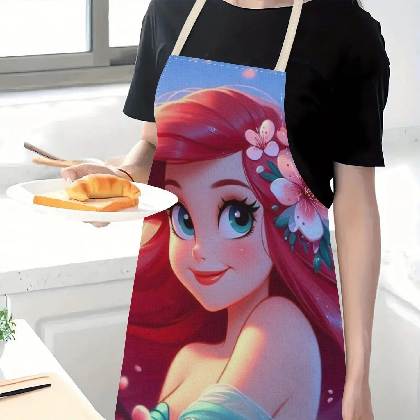 Elegantly stylish 1pc Disney Elsa Princess Cartoon Printed Apron, made with waterproof polyester woven fabric featuring a floral pattern. Perfect for use in the home, hotel, supermarket, restaurant, fruit shop, and milk tea stand.