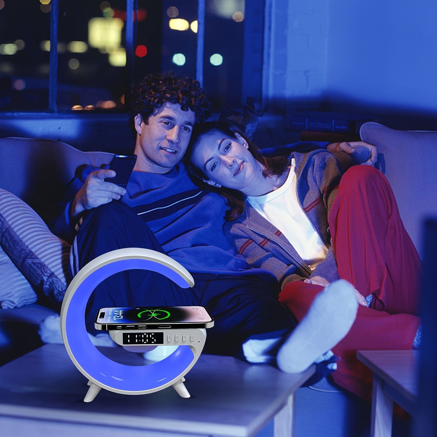 Get the ultimate multifunctional alarm clock with smart features for a perfect wake-up experience. This clock features a sunrise wake-up light with wireless charging capabilities, smart connectivity, timer functionality, music speaker, adjustable colors