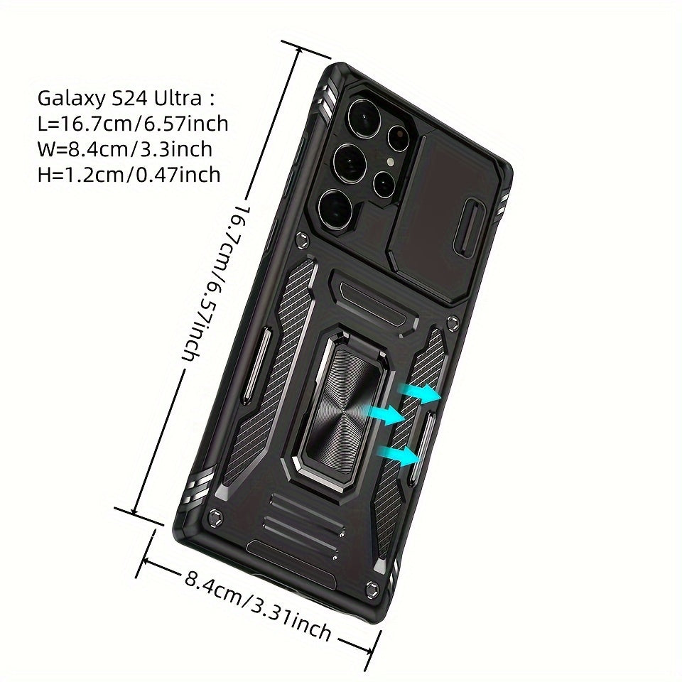 Protective case with slide camera cover and rotated ring kickstand for a variety of Samsung models, offering full camera protection.