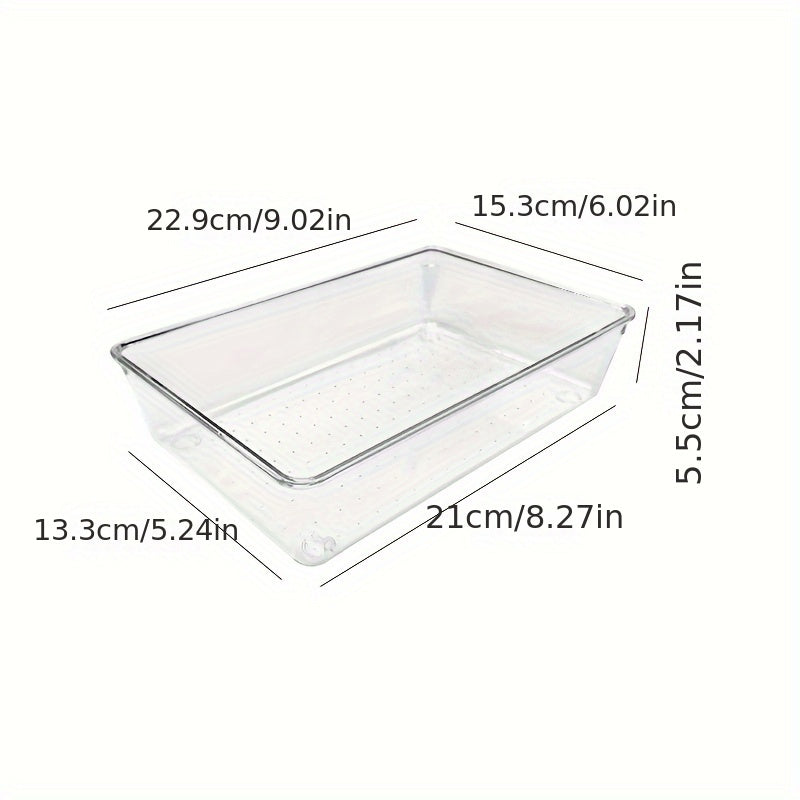 Clear plastic drawer organizers set includes 7-18 pieces in 4 sizes for versatile organization in bathroom, vanity, makeup, bedroom, kitchen, and office.