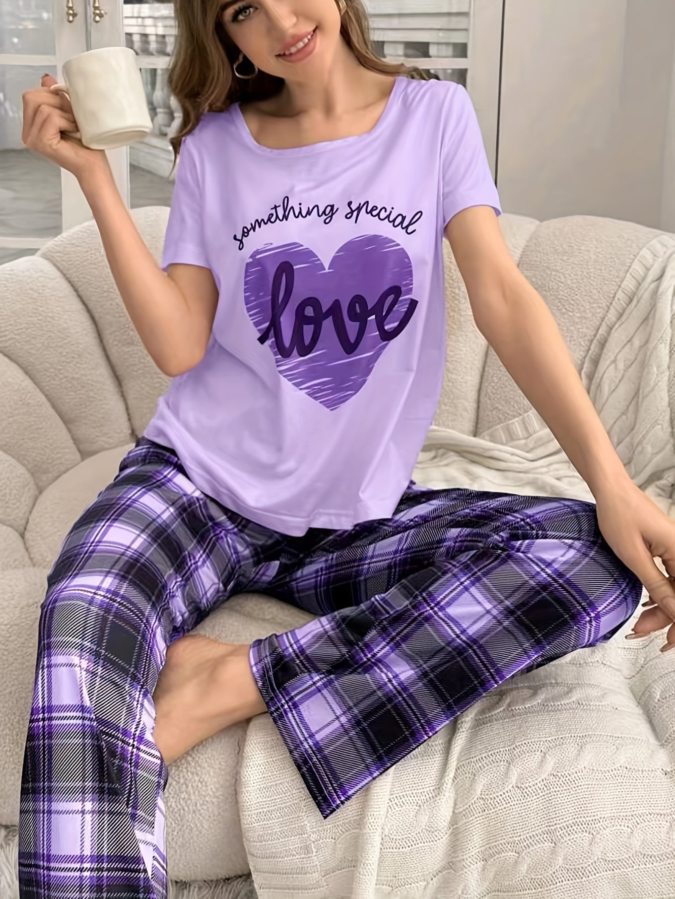 Casual Heart & Letter Print Pajama Set for Women, Short Sleeve Top & Plaid Pants, Relaxed Fit.