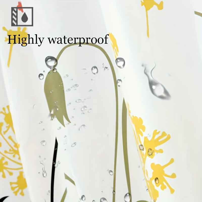 Dandelion pattern shower curtain with waterproof PEVA material, anti-rust buttonholes, and decorative design for bathroom.