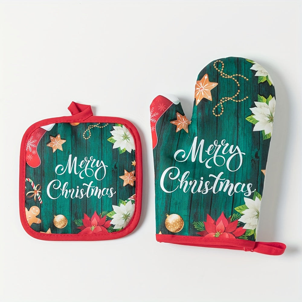 Set of 2 Christmas-themed kitchen oven mitts, made of thickened glass fiber gloves and heat-resistant pads. Perfect for festive cooking in the home kitchen, these accessories are non-food contact safe.