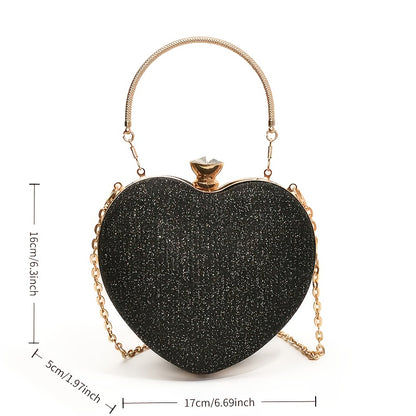 Women's Elegant Black Crossbody Bag with Shining Chain, Heart Shape, Metal Embellishments, Buckle Closure for Party, Wedding, Date