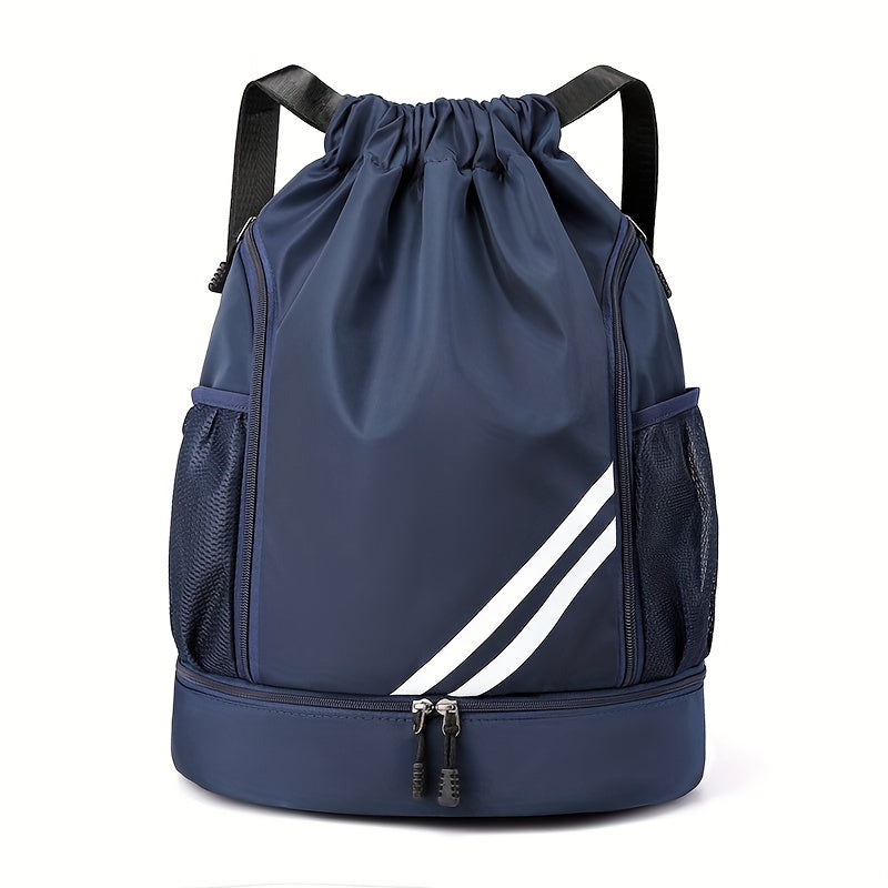 Polyester drawstring gym bag with practical pockets, perfect for basketball, outdoor activities, travel, swimming, hiking, and climbing.