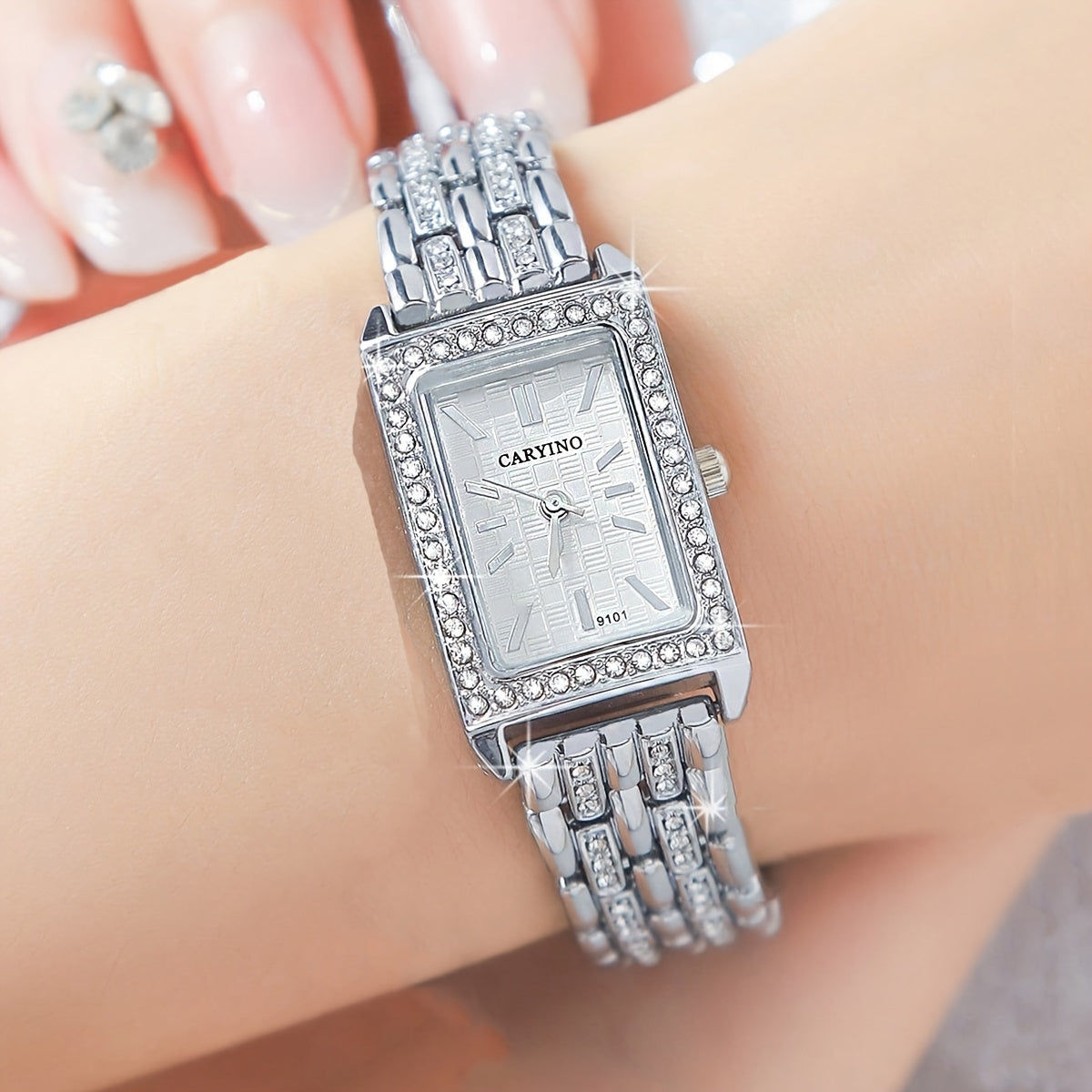 Elegant women's wristwatch with rhinestone jewelry and rectangular zinc alloy case, featuring quartz movement. Ideal gift for birthday or holiday.