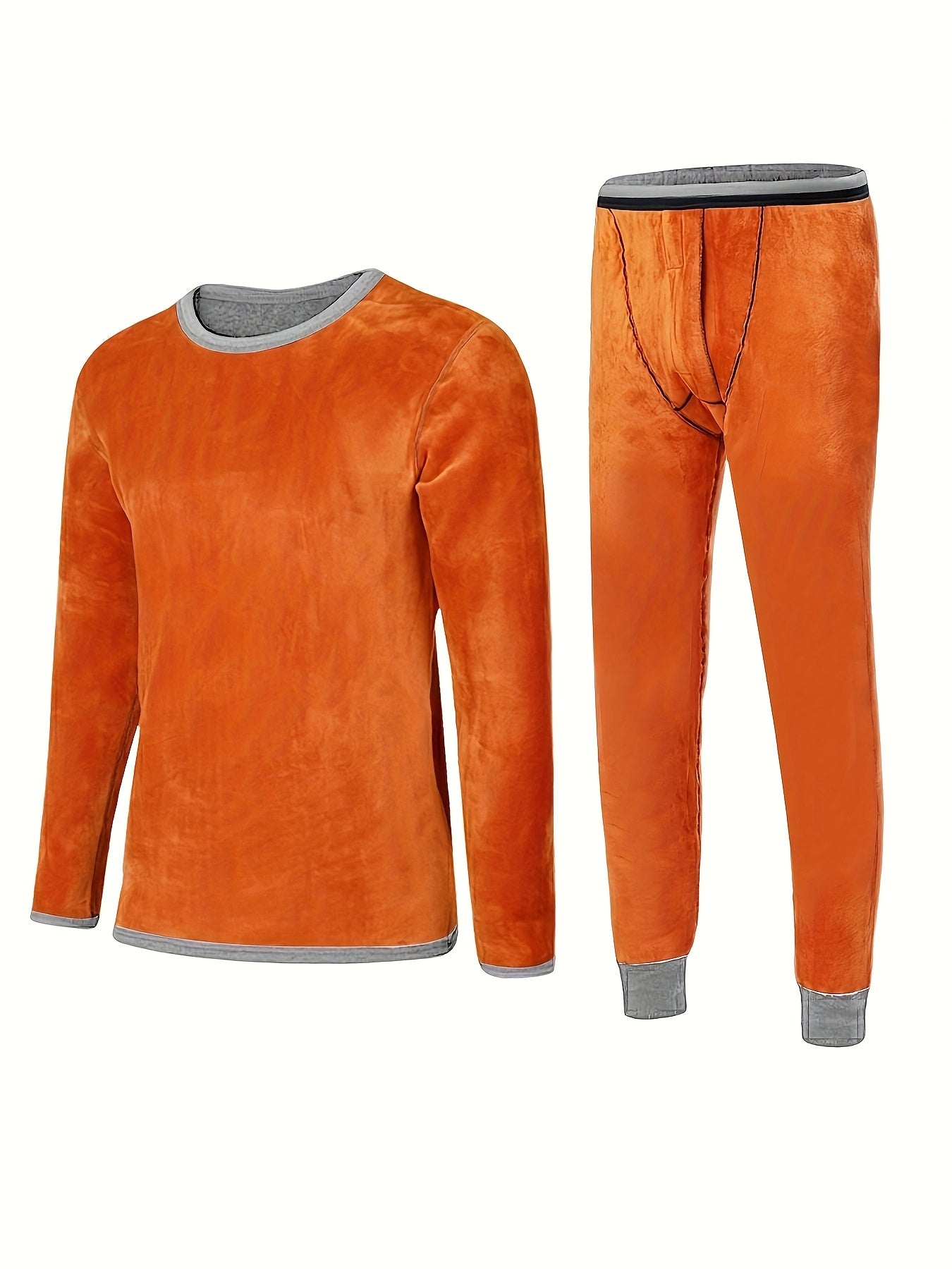 Men's winter pajama set with ultra-thick fleece, including plush long sleeve top and skinny pants. Made of 95% polyester and 5% spandex, featuring crew neck, solid color, knit fabric, and