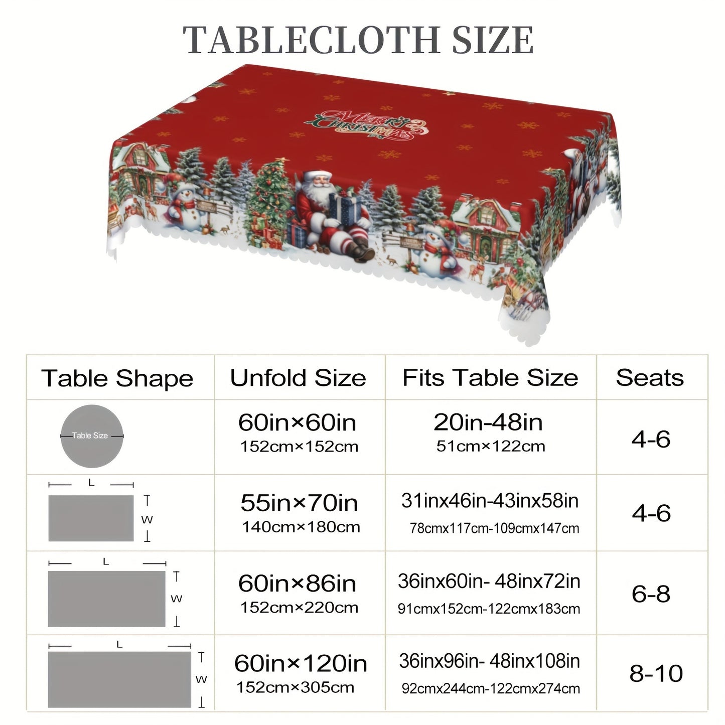 Get into the holiday spirit with our Christmas and New Year tablecloth featuring Santa Claus, Snowman, and Christmas Tree patterns. Made of durable polyester with edge embossed craft, available in 4 sizes for both round and rectangular tables. Perfect