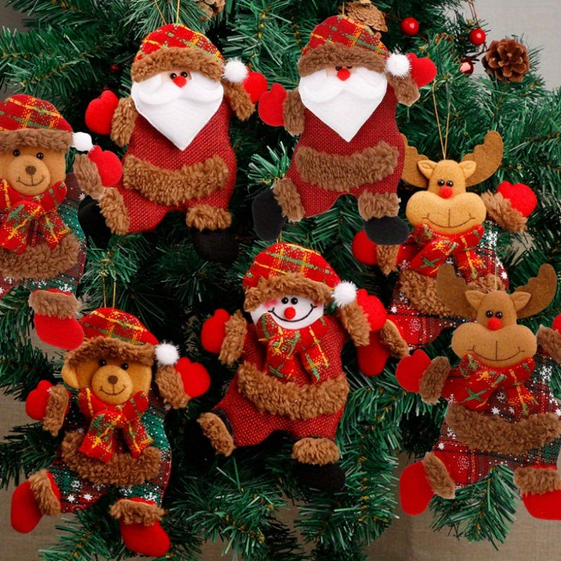 Set of 4 Christmas Plush Toy Ornaments: Santa, Snowman, Reindeer, and Bear. Made from polyester and suitable for hanging decorations. Power-free and suitable for ages 14+. Perfect for holiday, Thanksgiving, and New Year celebrations at home or in the