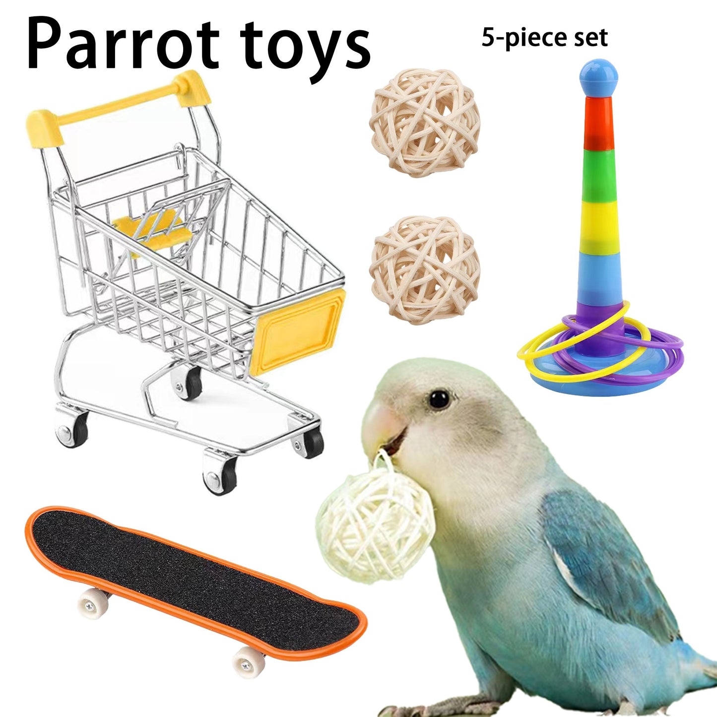 5-piece Parrot Toy Set with various interactive tools